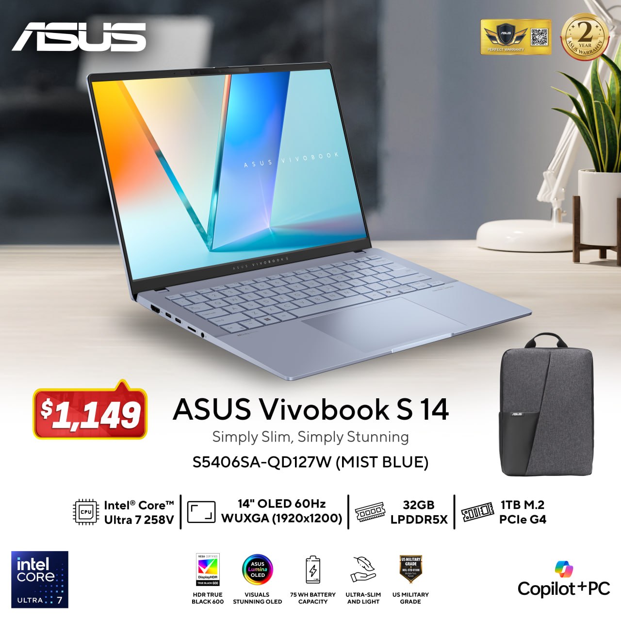ASUS Vivobook S 14 S5406SA-QD127W | Core Ultra 7 258V | 32GB RAM | 1TB SSD | Mist Blue